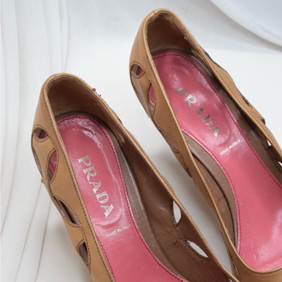 PRADA Tan Cut Out Leather Pointed Toe Kitten Heel Pumps - Picture 2 of 10